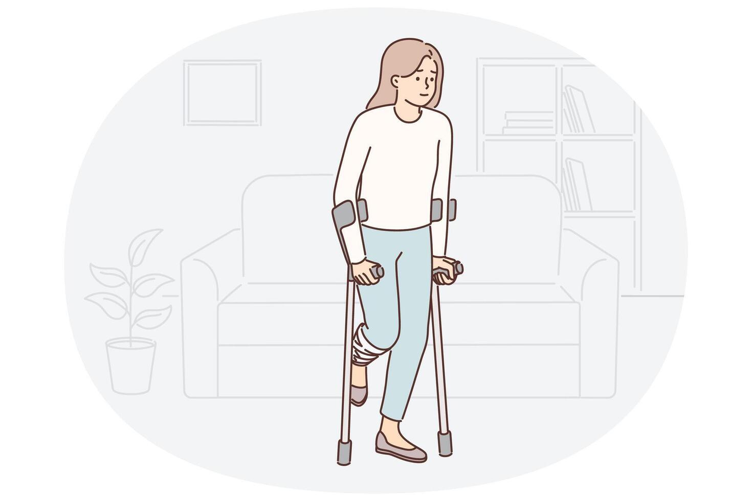 Disabled woman getting around with crutches injuring knee during car accident or fall vector