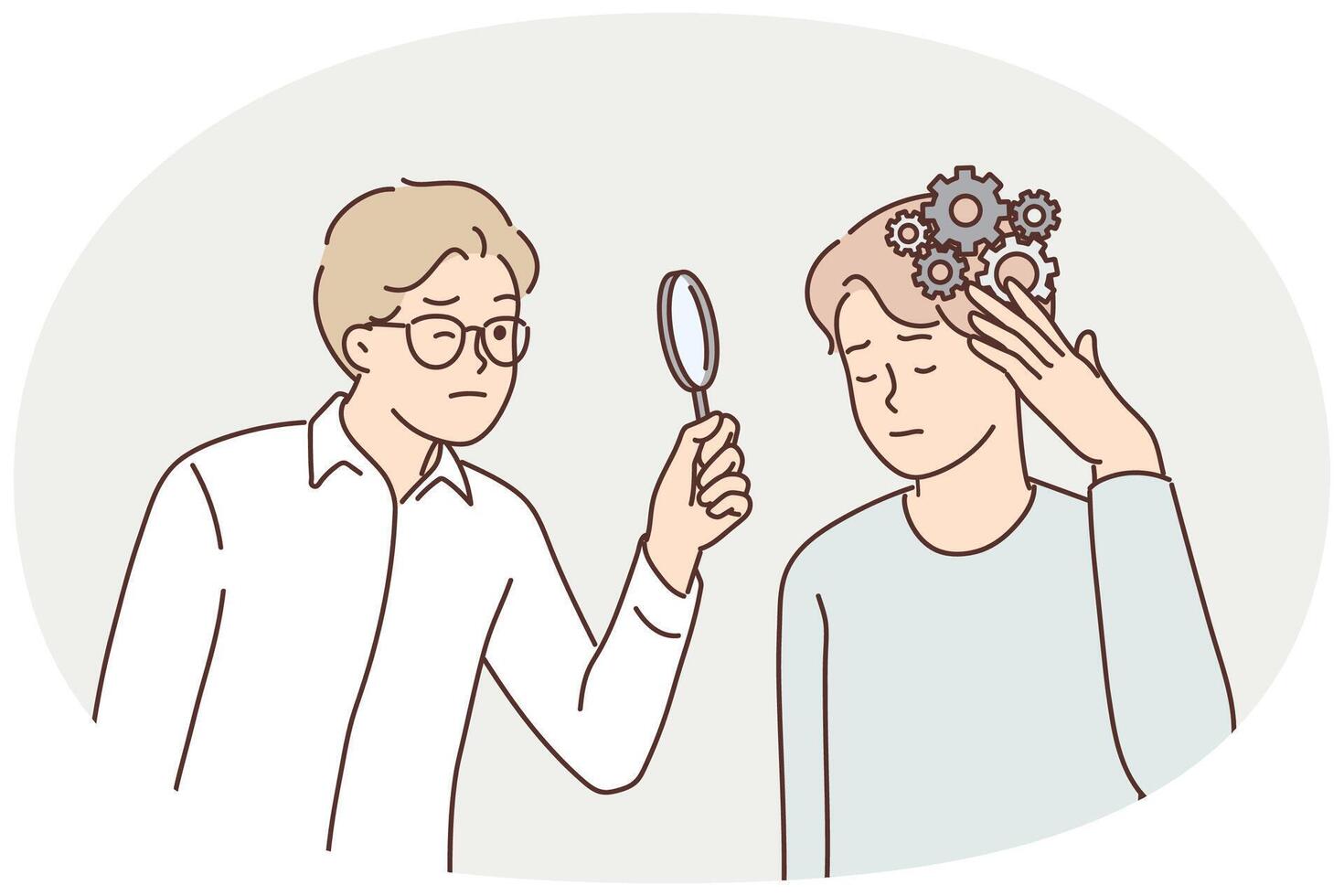 Man with mess in head near psychologist using magnifying glass analyzing patient problem vector