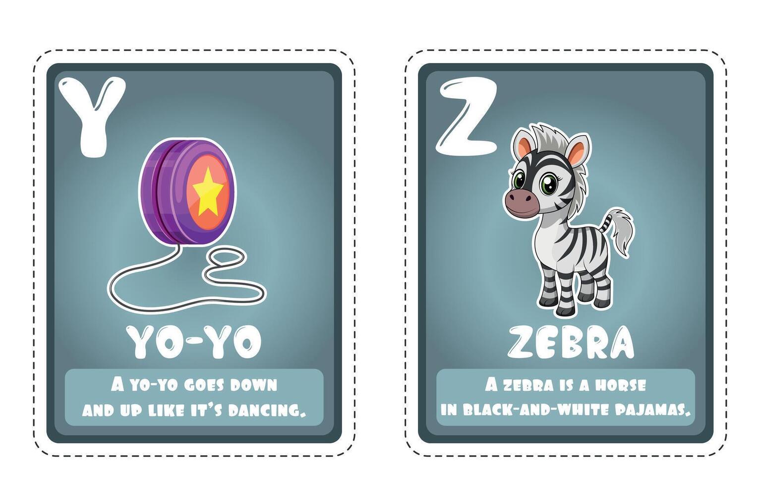 Alphabet flashcards for children with cute illustrations Y - Z vector