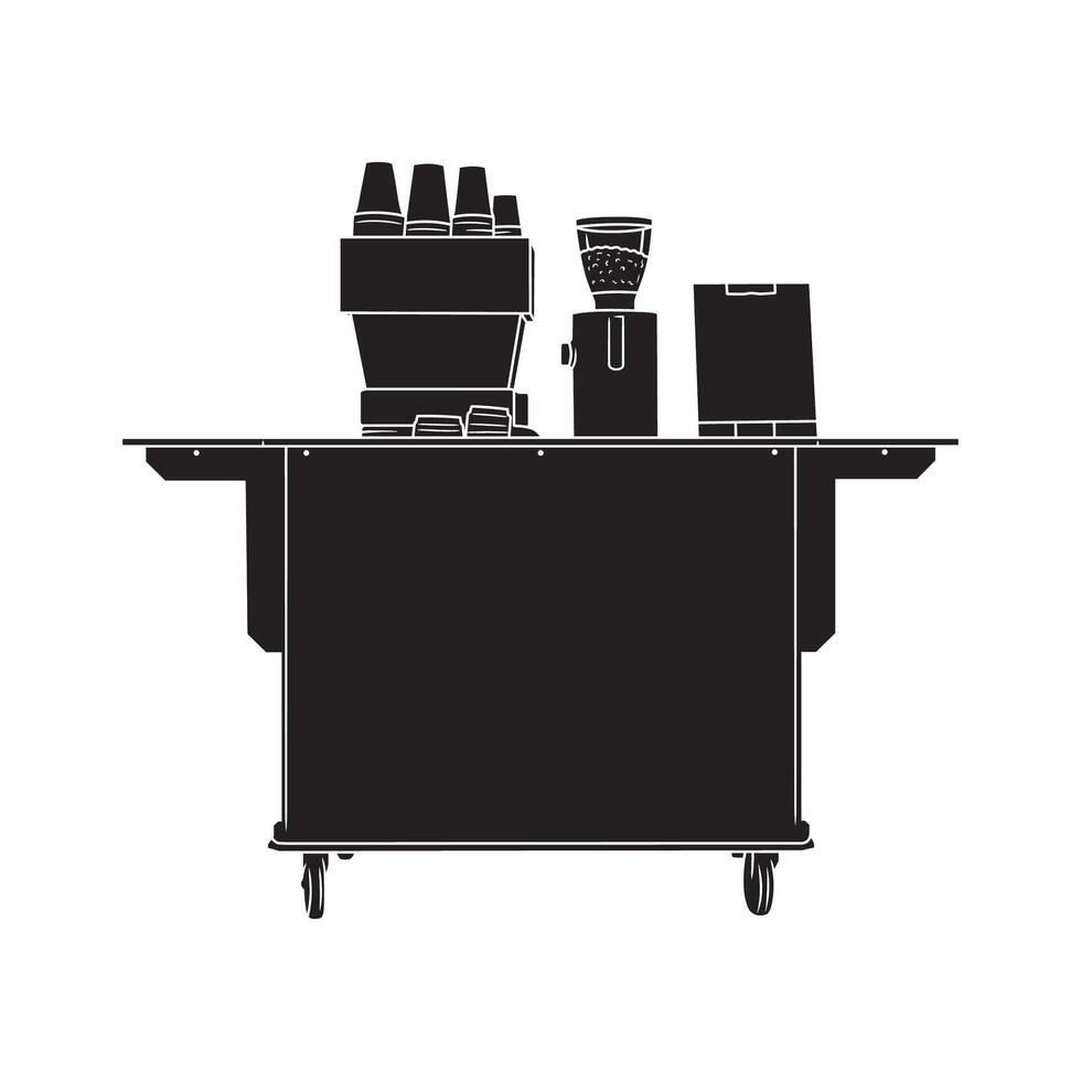 Clean line art rendering of a portable coffee stand, featuring coffee machine, grinder, and cups vector