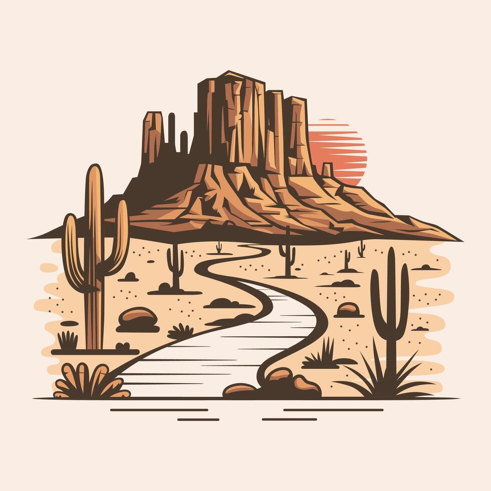 Desert landscape illustration with a distinctive mesa vector