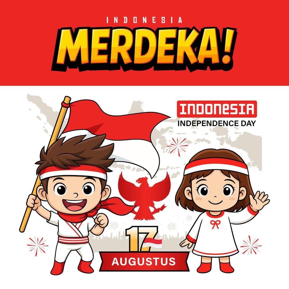 Cartoon illustration for Indonesia Independence Day. Features a happy boy and girl with the Indonesian flag vector