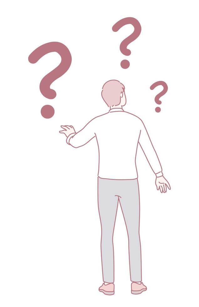 A confused person is surrounded by floating question marks, symbolizing uncertainty and inquiry vector