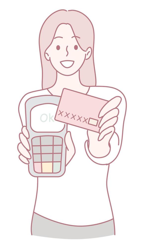 Woman using card reader with credit card vector