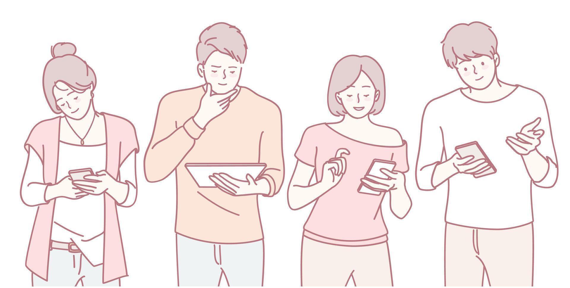Diverse individuals engage with technology and mobile devices, showcasing modern lifestyles vector