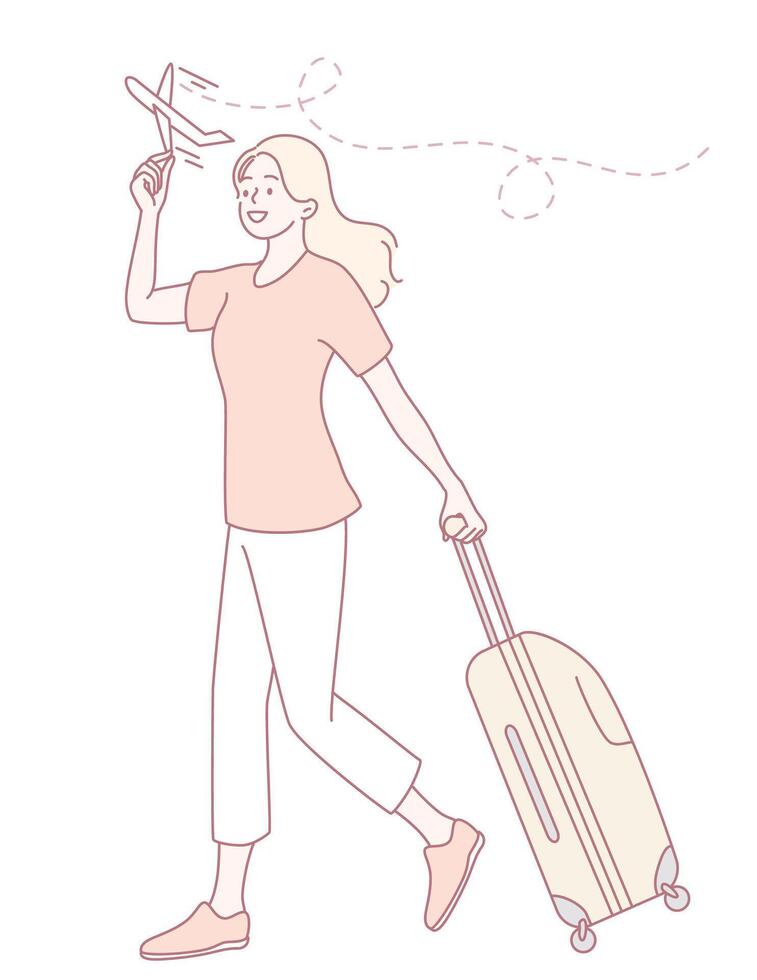 A woman travels with luggage while playfully tossing a paper airplane in the air vector