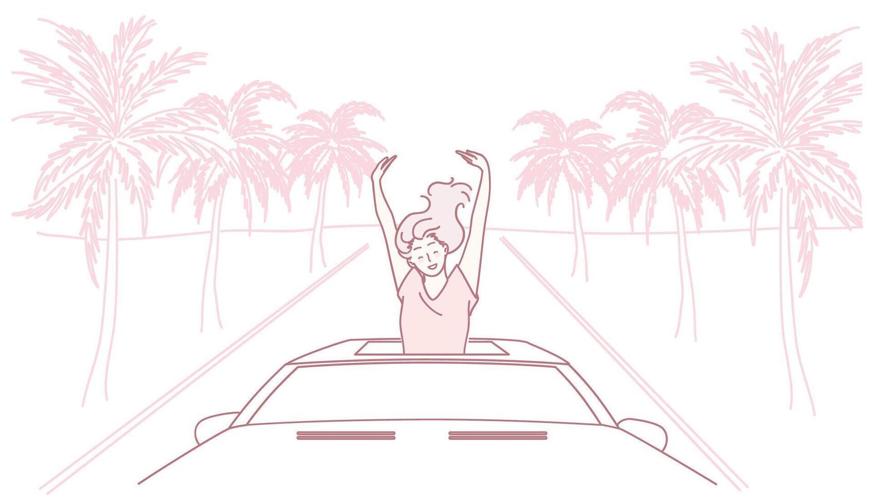 Woman enjoying a road trip with palm trees vector