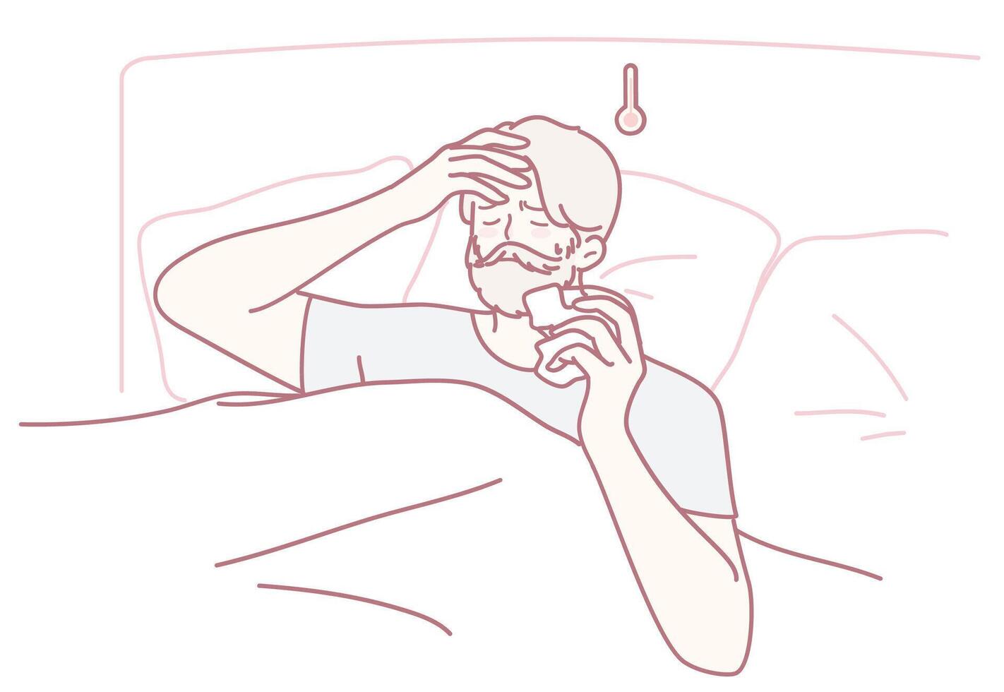 A sick man lies in bed, using a thermometer and surrounded by medications for comfort vector
