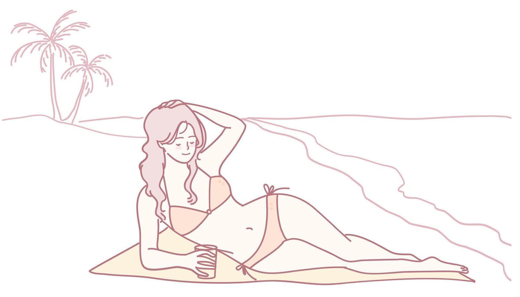 A Lovely Woman Enjoying Relaxation on a Beach with a Refreshing Drink in a Tropical Paradise vector
