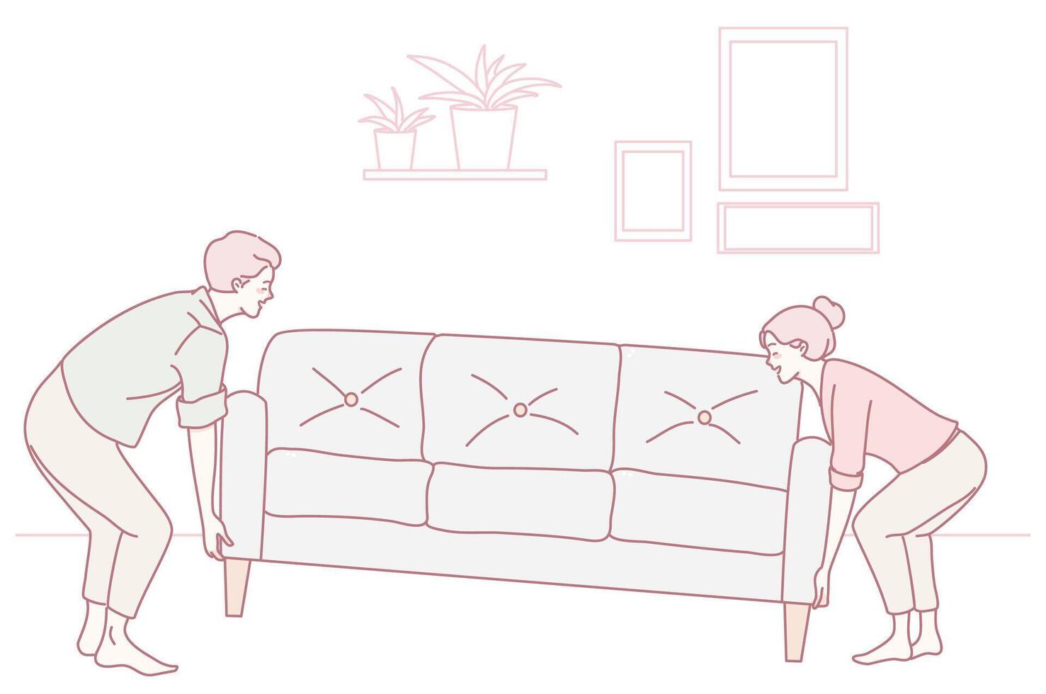A couple moving a sofa together shows their teamwork and strong partnership in home decor vector