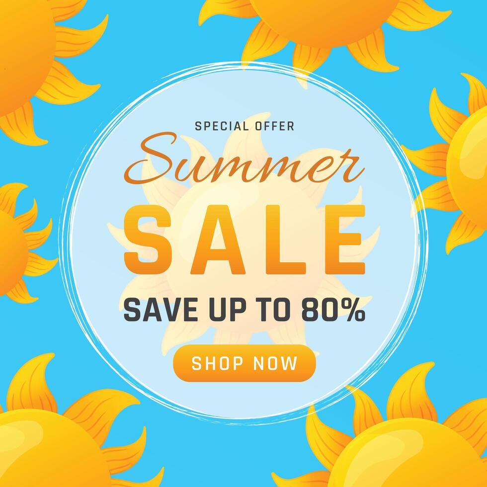 Summer Sale Banner Design with Cute Suns on Blue Sky Background Illustration. vector