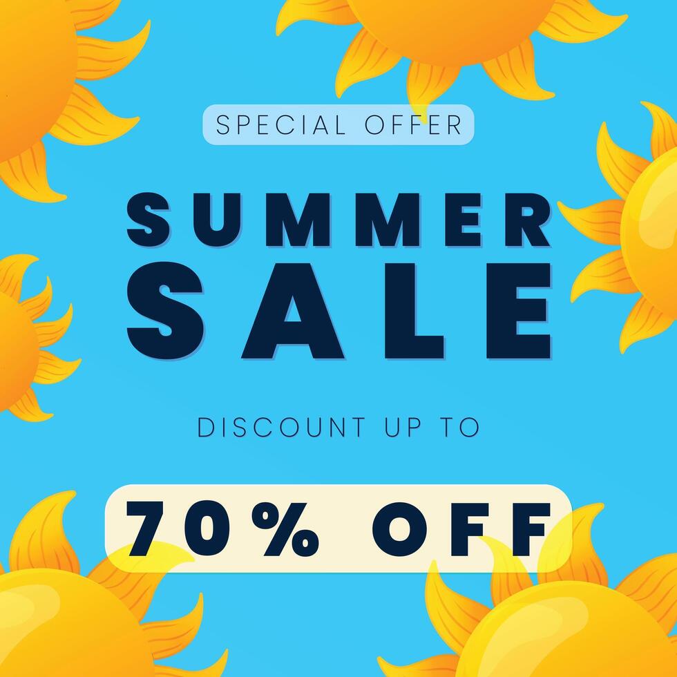 Summer Sale Banner Design with Smiling Suns on Blue Sky Background Illustration. vector