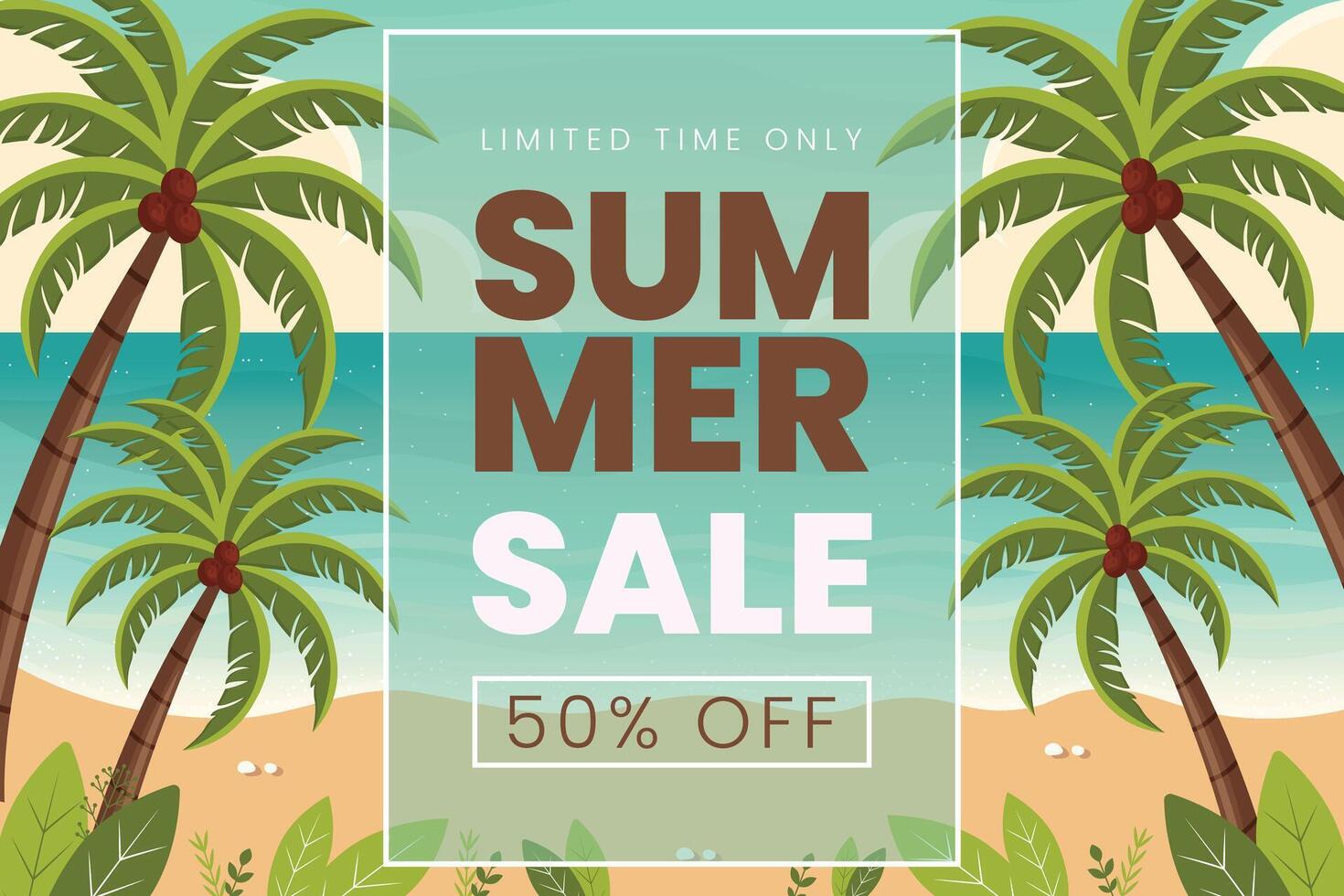 Summer Sale Banner on Tropical Beach with Palm Leaves Flat Illustration. vector