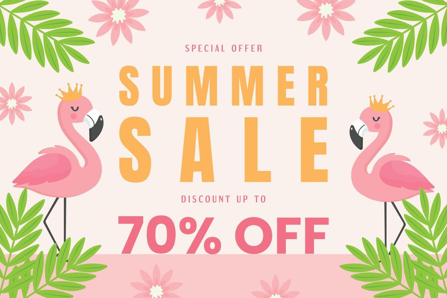 Pink Flamingo Summer Sale Banner with Flowers and Tropical Leaves Flat Illustration. vector