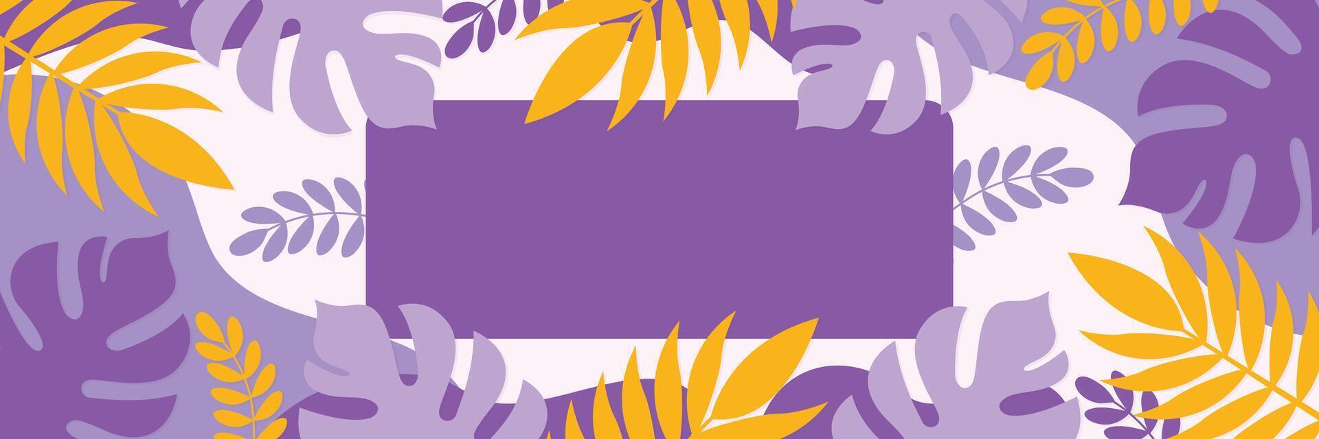 banner with tropical leaves and copy space for text in violet colors illustration. vector
