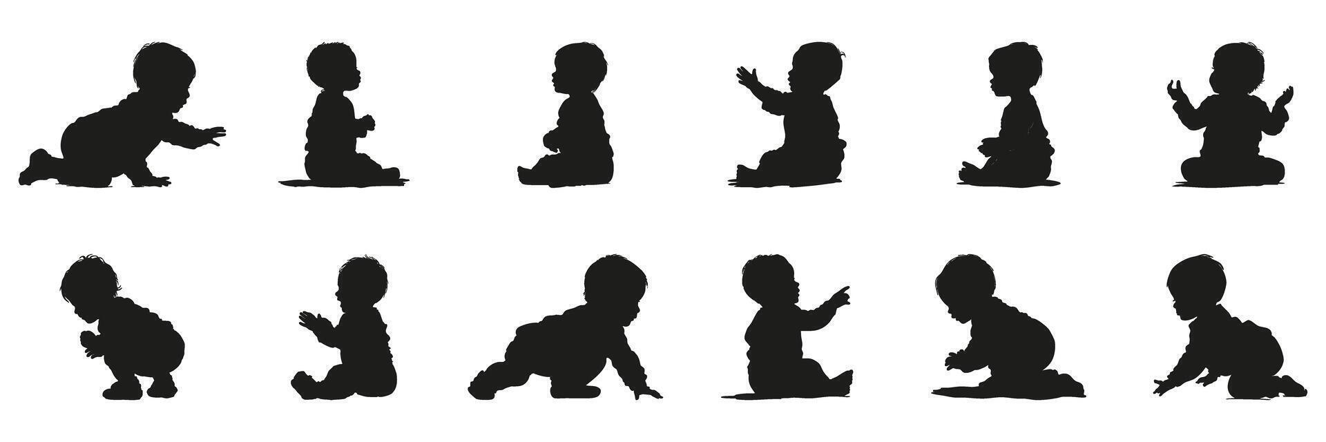 Baby Poses In Silhouette Set. Infant Development And Movement Symbol Collection. Parenting And Childcare Use. vector