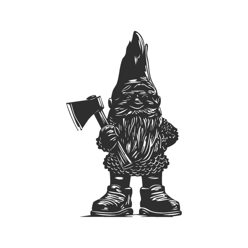 Garden Gnome With Axe Silhouette Illustration. Whimsical Fantasy Character Design Isolated Illustration vector