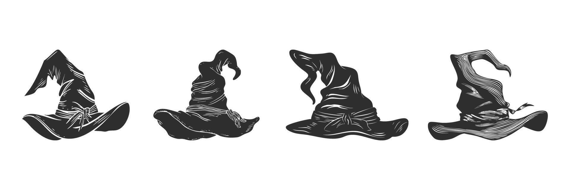 Witch Hat Silhouette Set. Magical Headwear Collection For Halloween And Fantasy. vector