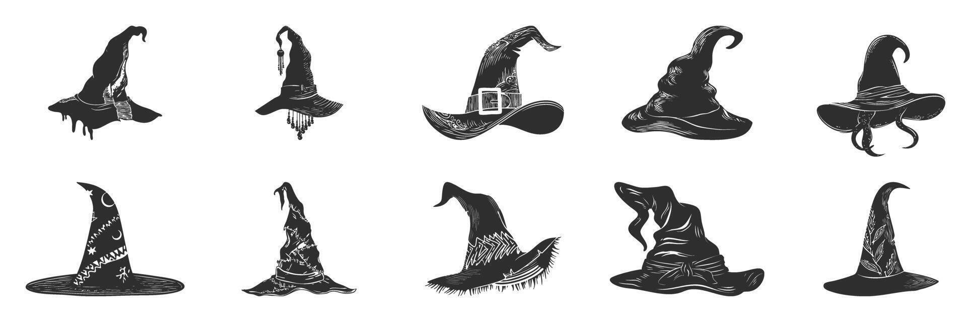 Witch And Wizard Hat Silhouette Set. Magical Headwear Collection For Halloween And Fantasy Themes. Isolated Illustration Collection vector