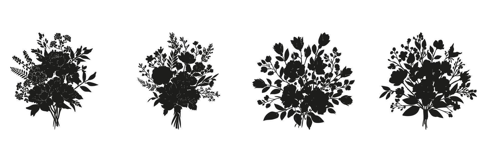 Floral Bouquet Silhouettes In Icon Set. Botanical Arrangement And Nature Decoration Symbol Collection. Design And Decorative Use. vector