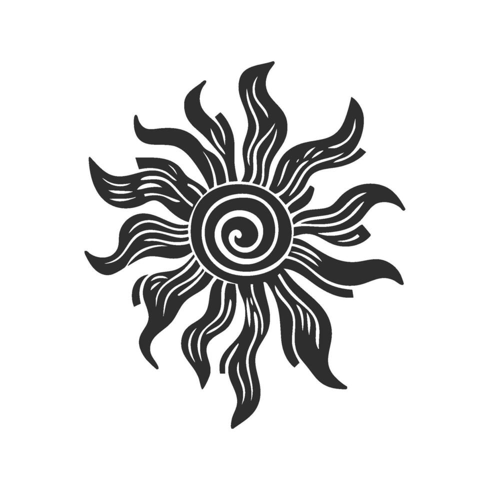 Tribal Sun With Spiral Center Silhouette Illustration. Symbolizing Energy And Vitality. Isolated Illustration vector