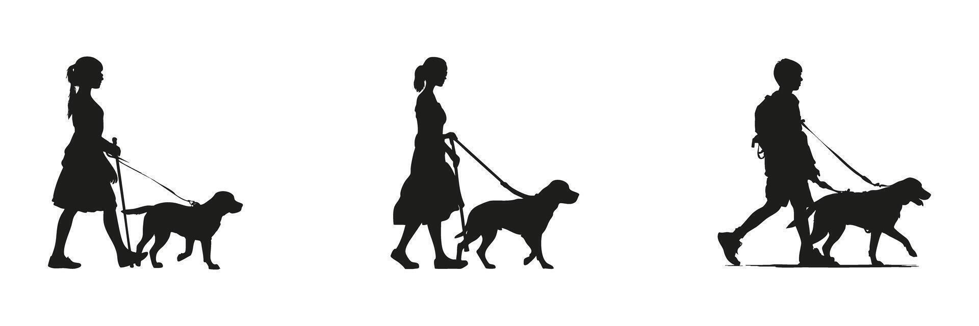 People Walking Dogs Silhouette Set. Pet Care And Outdoor Activity Symbol Collection. Recreational And Lifestyle Use. vector
