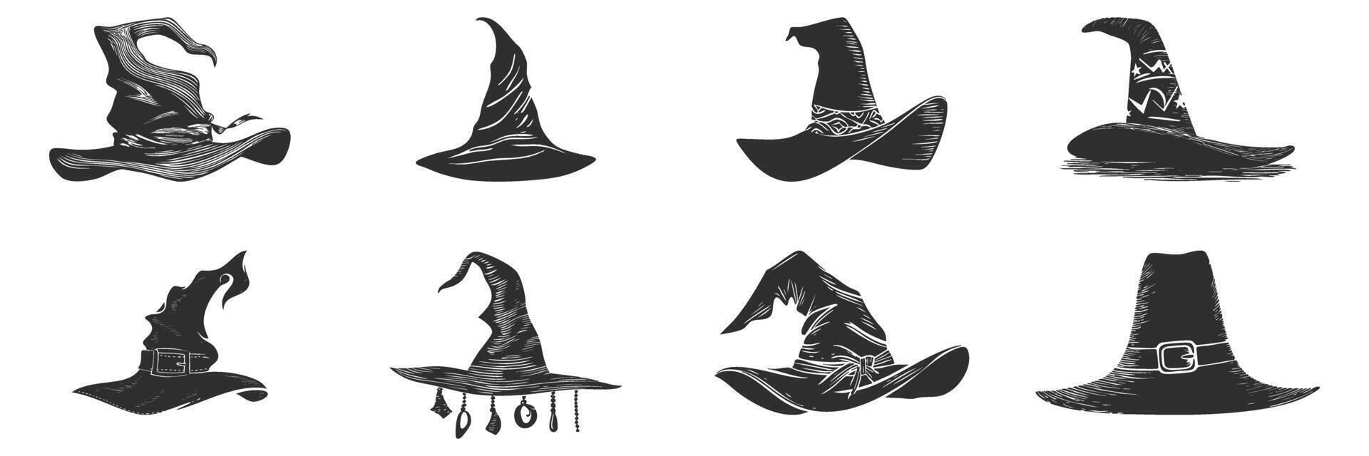Witch And Wizard Hat Silhouette Set. Magical Headwear Collection For Halloween And Fantasy. vector