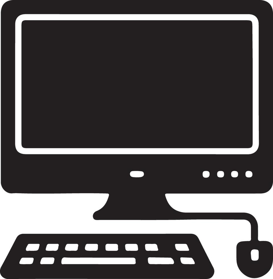 Simple Black Silhouette of Desktop Computer, Keyboard, and Mouse Minimalist Digital Device Illustration, Clean Design vector