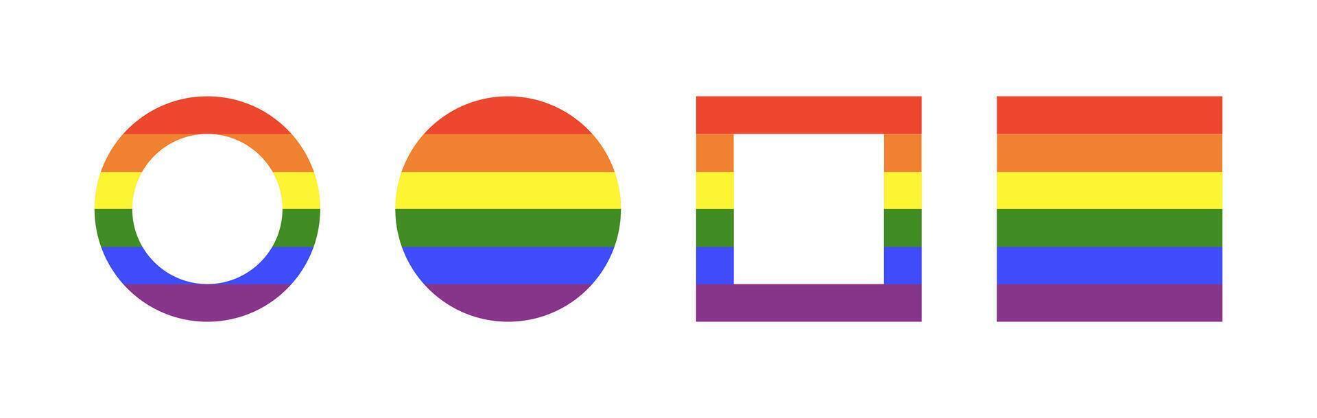 Rainbow flag frames. Gay pride circle, square backdrops. Progress flat Logo symbols badges. LGBT icon. Set of stickers in rainbow colors. Rounds, rectangles button, borders. Minimalist template design vector