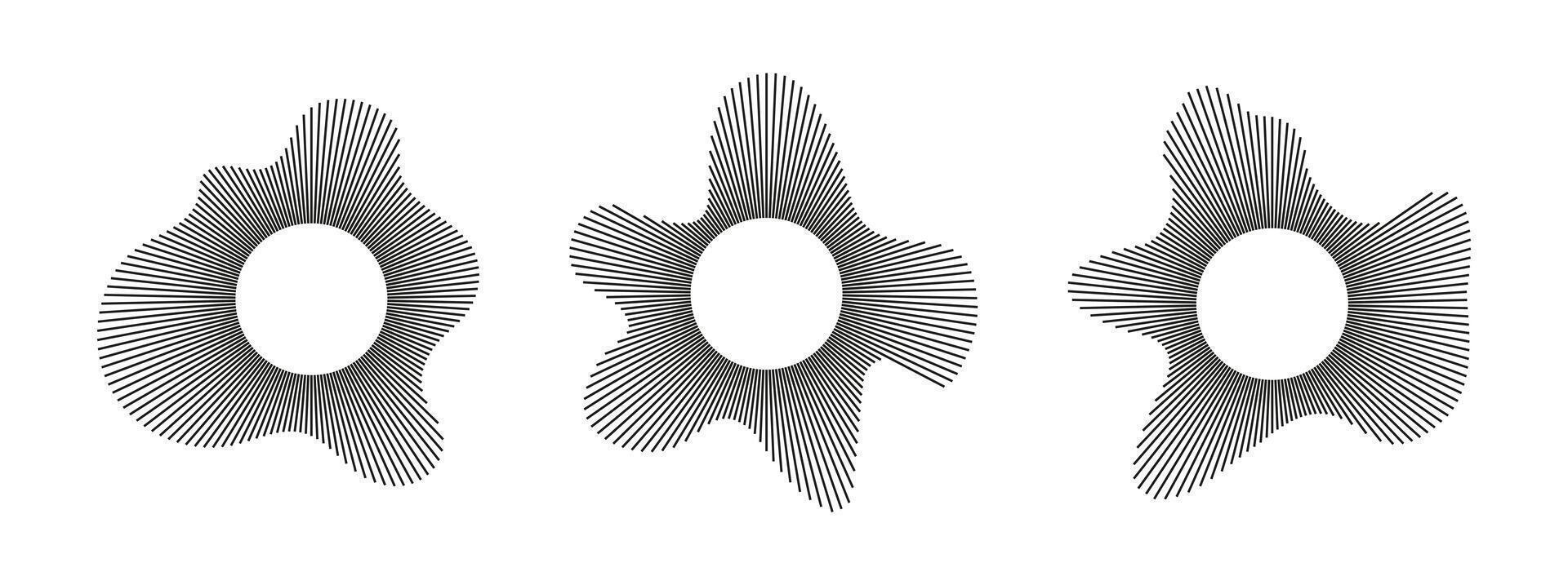 Set of circular wave. Sound circle lines. Radial frame. Sound ring. Wavy patterns. Radial rays templates. Wavy design. Equalizer logo, radial spectrum. Voice flat symbols. Depicting audio music icons. vector