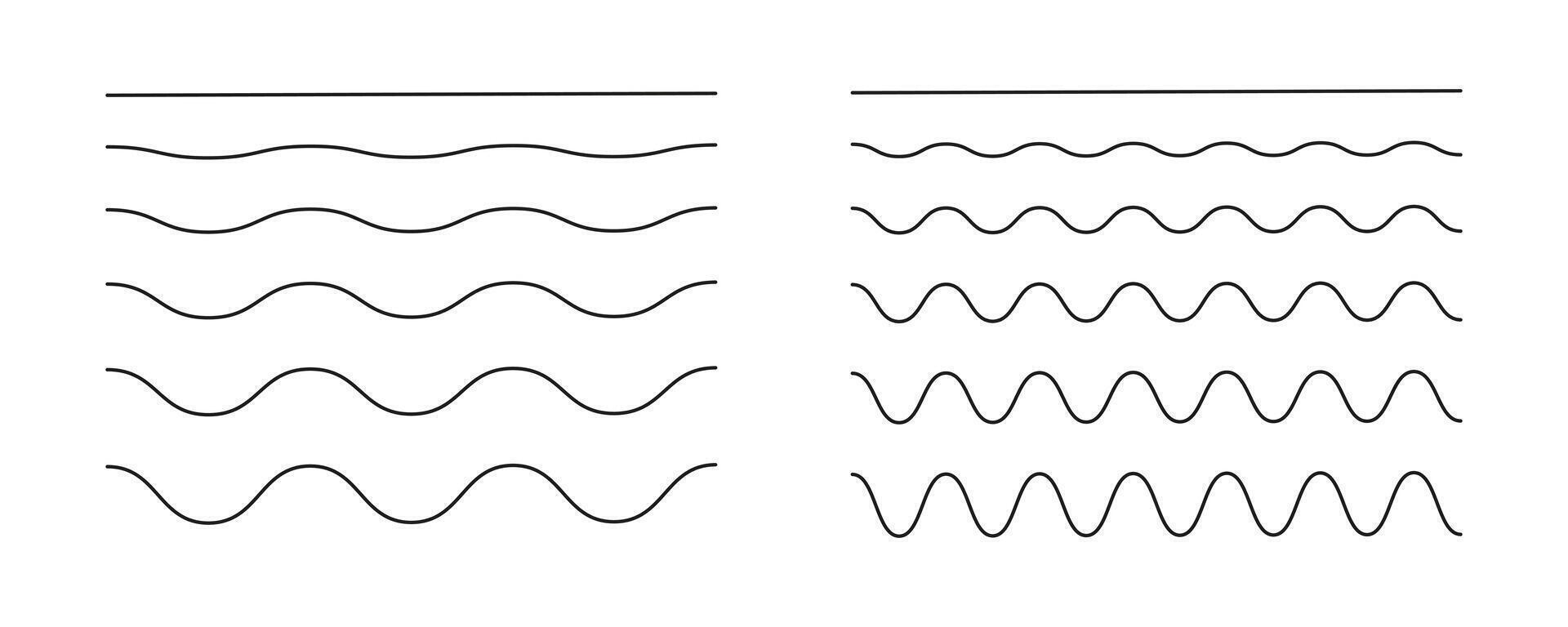 Wavy, curvy, zigzag lines. Undulate borders, transverse horizontal line collection. Sine, fluid, air, wind signs, template. Water, river, lake, sea, ocean symbol, icon. Outline graphic illustration. vector