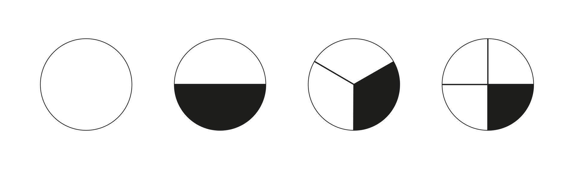 Round divided diagrams with from one to four segments. Circle division on from 1 to 4 equal parts. Infographic samples. Coaching blank. Outline graphics. Pizza, pie charts. Segmented black pinwheel. vector