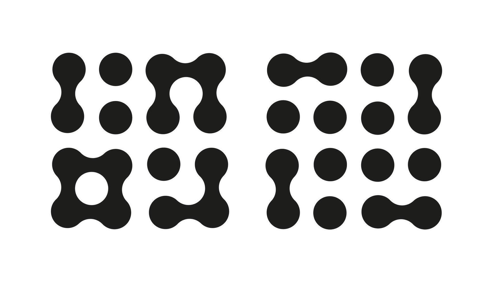 Metaball dot icons. Abstract integration symbol. Connected circle shape sign. Trendy pattern. Point movement. Morphing blobs. Metaballs transition. Logo sample, sticker template. Web design element. vector