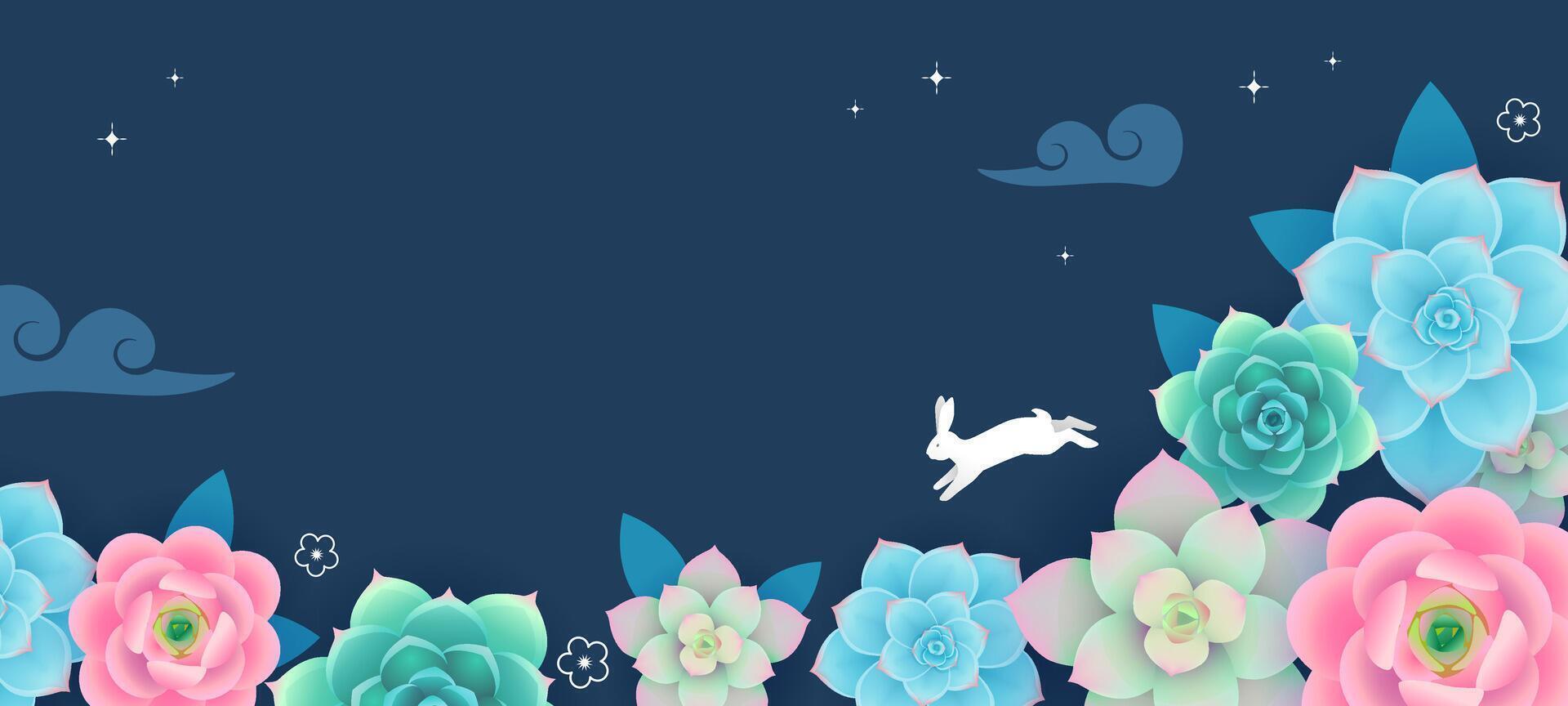 Asian Mid-Autumn Festival background with copy space. Night sky, flowers and jumping white rabbit illustration. Print, card or banner design vector