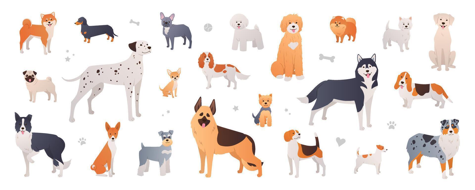 Illustrations of various playful dog breeds vector