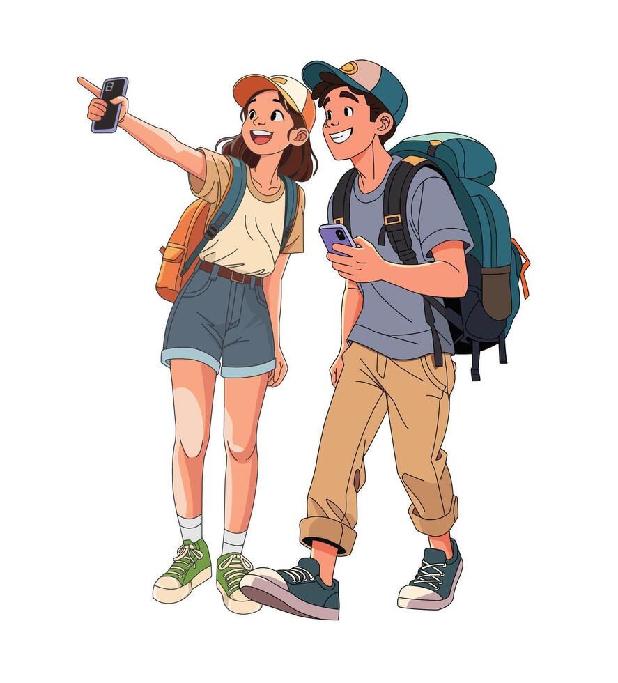Couple exploring outdoors with smartphones vector