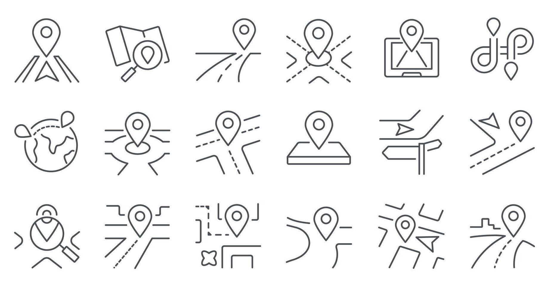 Route line icon. Path with location pointers, routes and directions navigation map with GPS markers, travel journey and trip street way. route isolated set vector