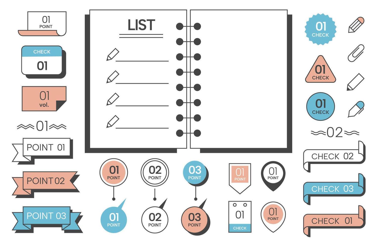 Bullet list journal. Simple note paper with check marks, underline and list number elements. sticky note with memo points set vector