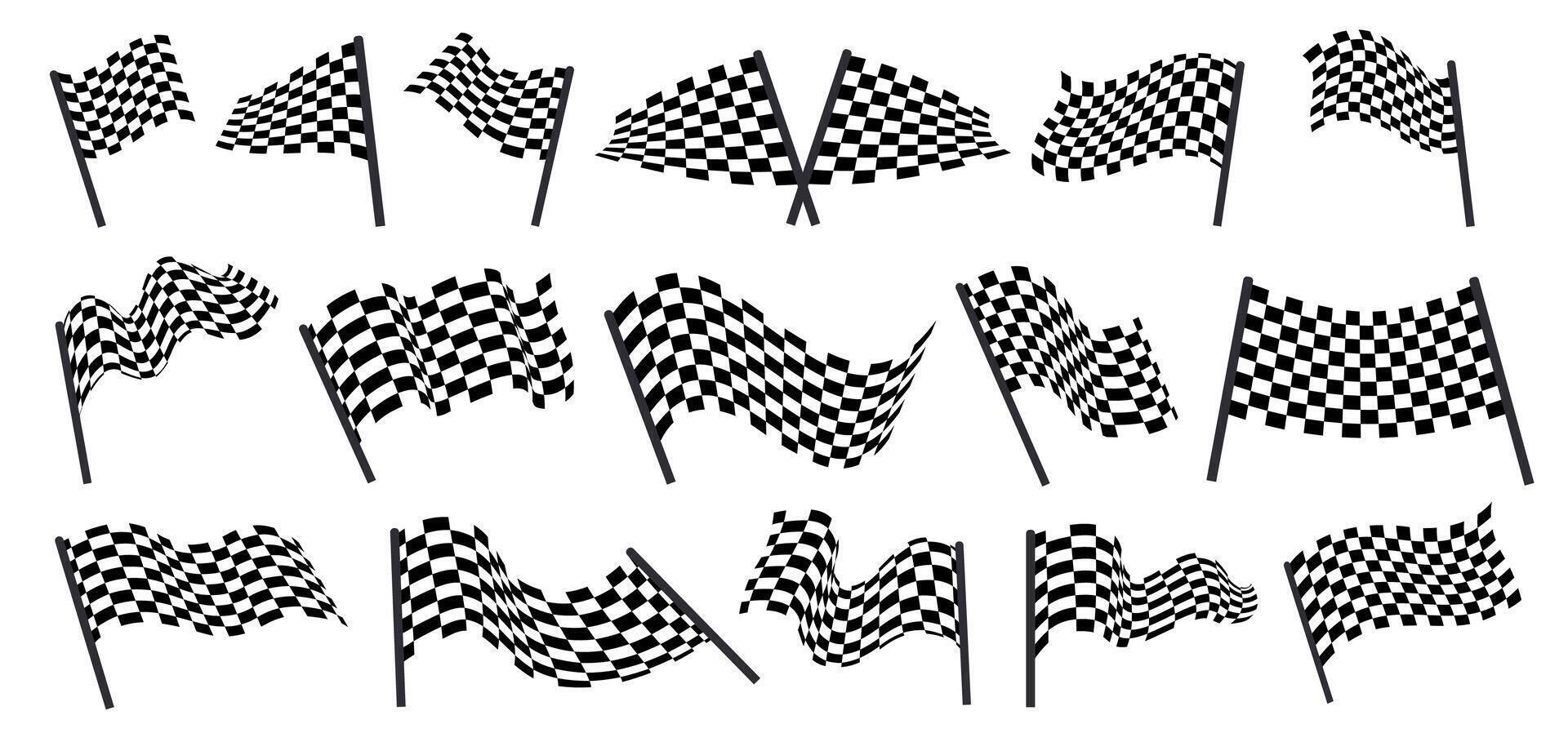 Racing flag. Car race checkered finish signal for cars competition, crossed band wave banner for motorsport rally karting finish check. logo set vector