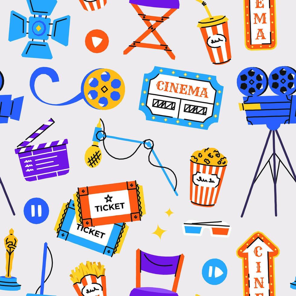 Movie pattern. Cinema film production elements, seamless print of cinematography icons, endless background with clapperboard camera reel tape popcorn. texture vector