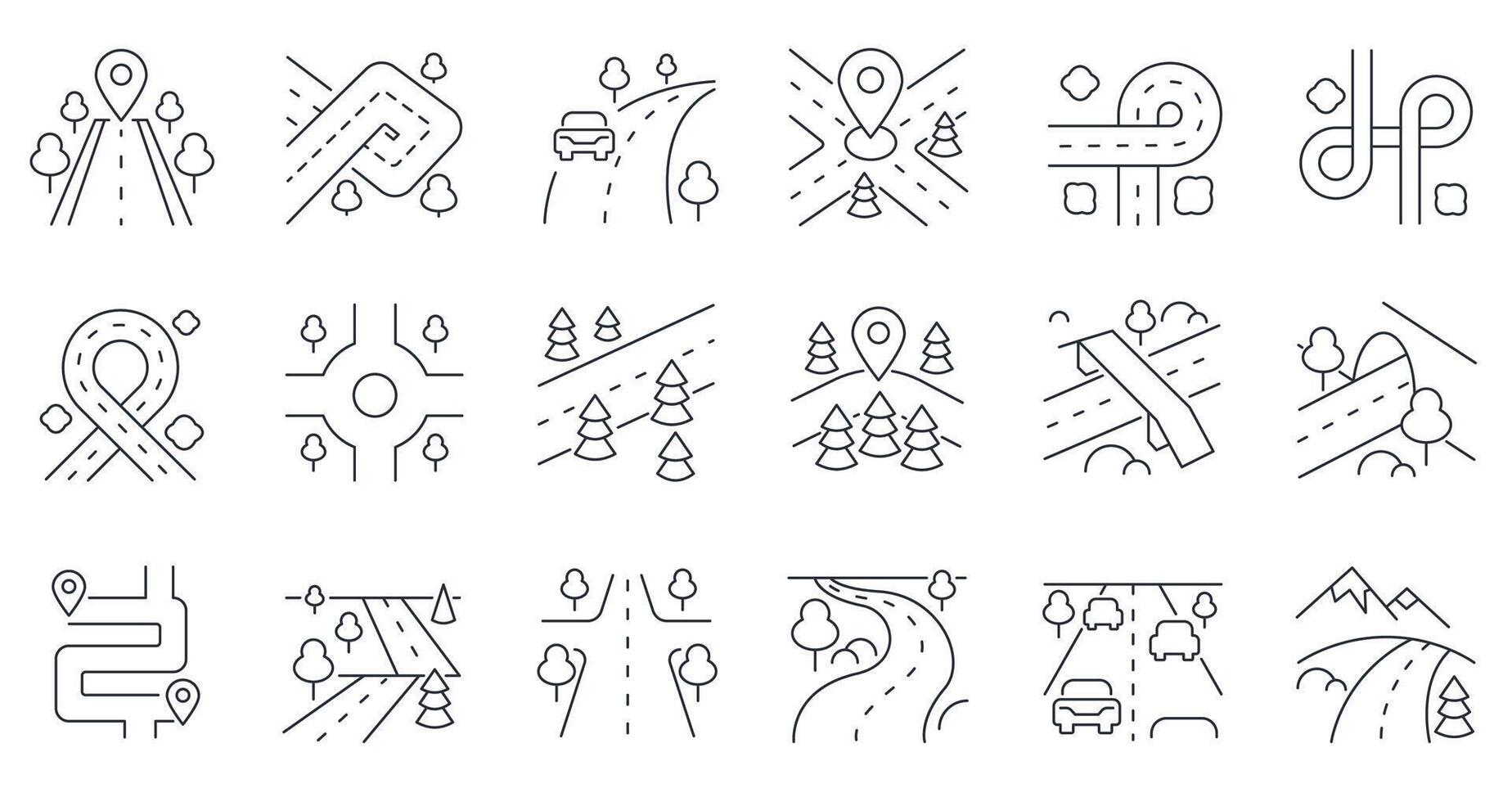 Road line icon. Highway street tunnel bridge, winding road with turn direction arrows, crossroad and roundabout traffic infographics elements. city roads set vector
