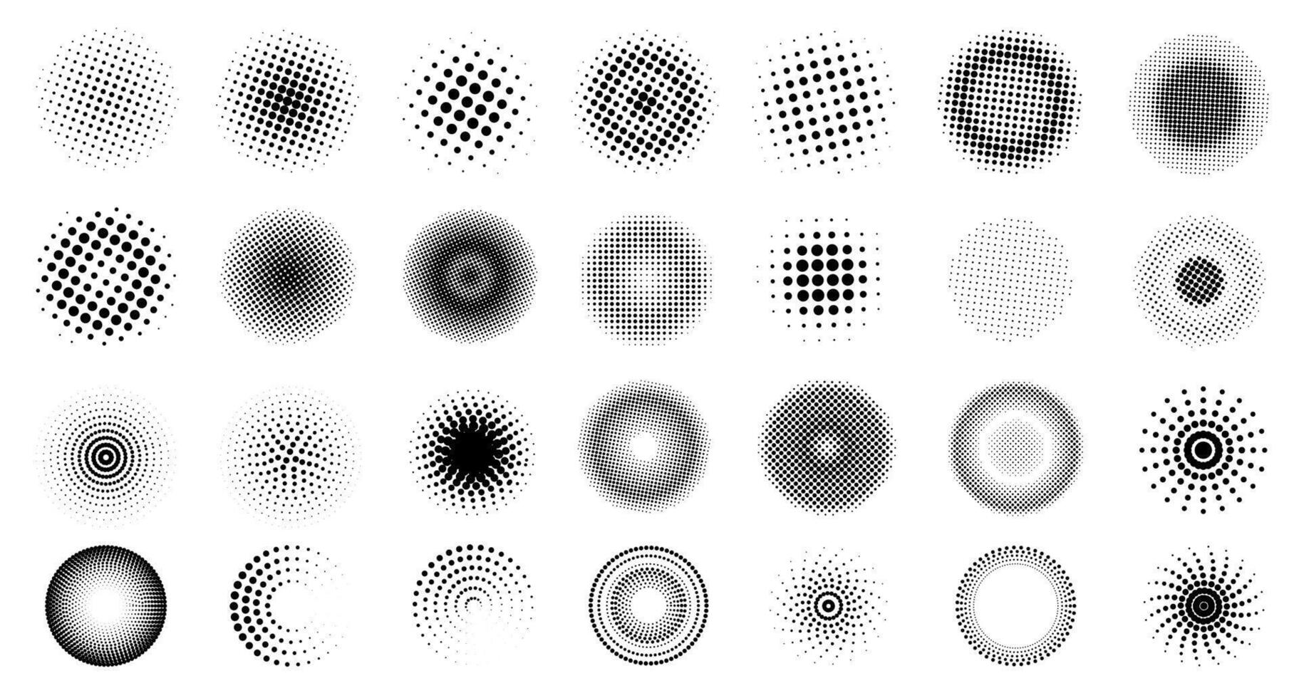 Halftone circles. Black dotted round shapes for retro graphic design, monochrome gradient half tone spot elements modern texture. pop art set vector