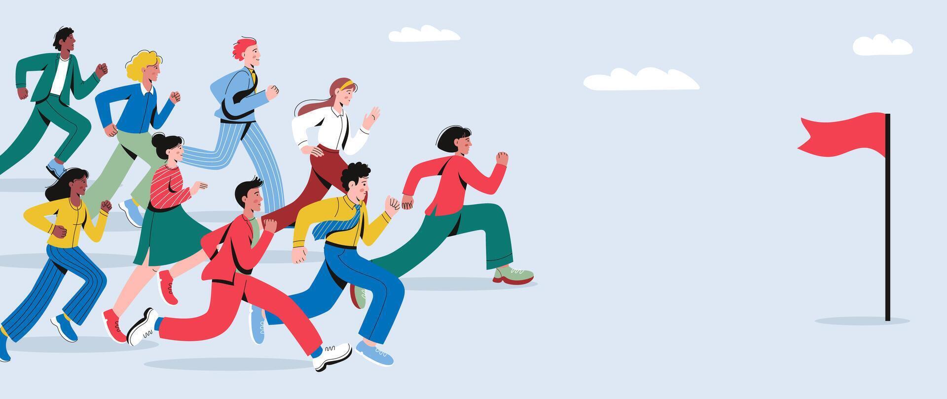 Group of runners competing towards a flag vector