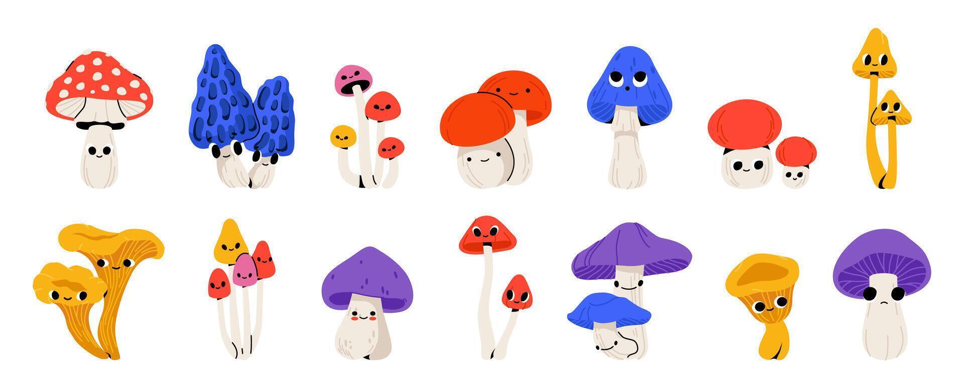 Colorful cartoon mushroom characters illustration vector