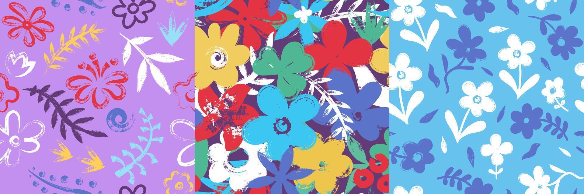 Color floral brush pattern. Abstract flower blossom seamless print, artistic botanical brushstroke texture with leaves and flowers for fabric wallpaper design. set vector