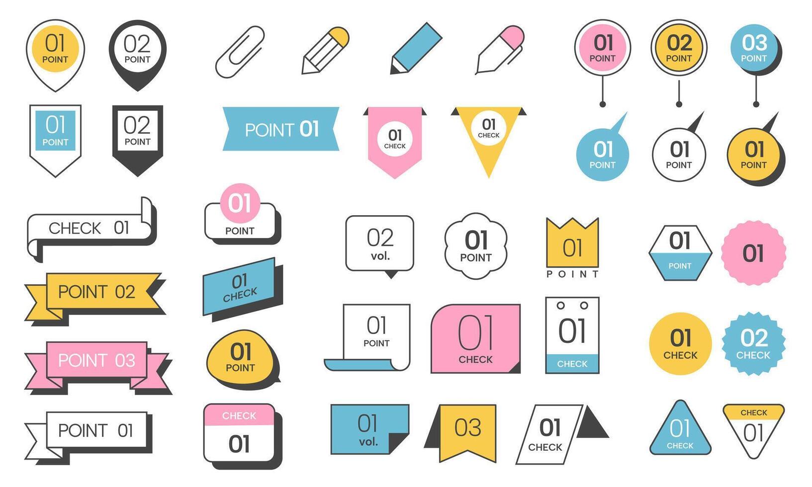 List point element. Minimalistic title frame, abstract simple decorative bullet list elements, basic geometric banners with ribbon shapes and colors collection vector