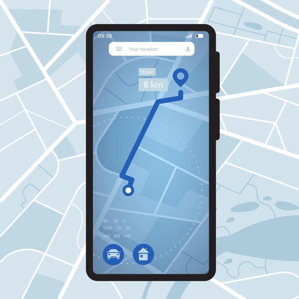 Phone navigator map. Smartphone GPS application with city map, location tracking and route navigation UI. mobile device with mapping software vector