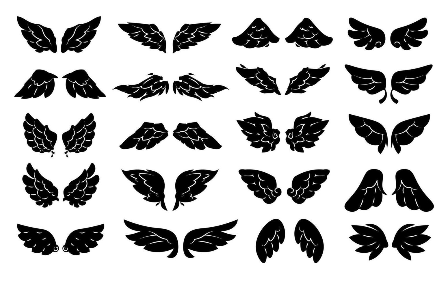 Wings black icon. Angel wing silhouette, abstract bird winged logo, simple decorative heather hawk angels phoenix wing symbols. isolated emblem set vector