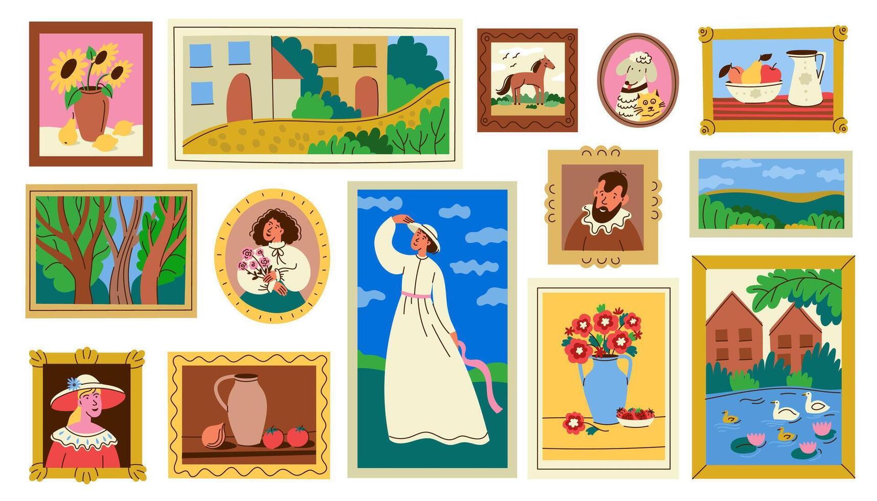 Colorful framed artworks and paintings vector