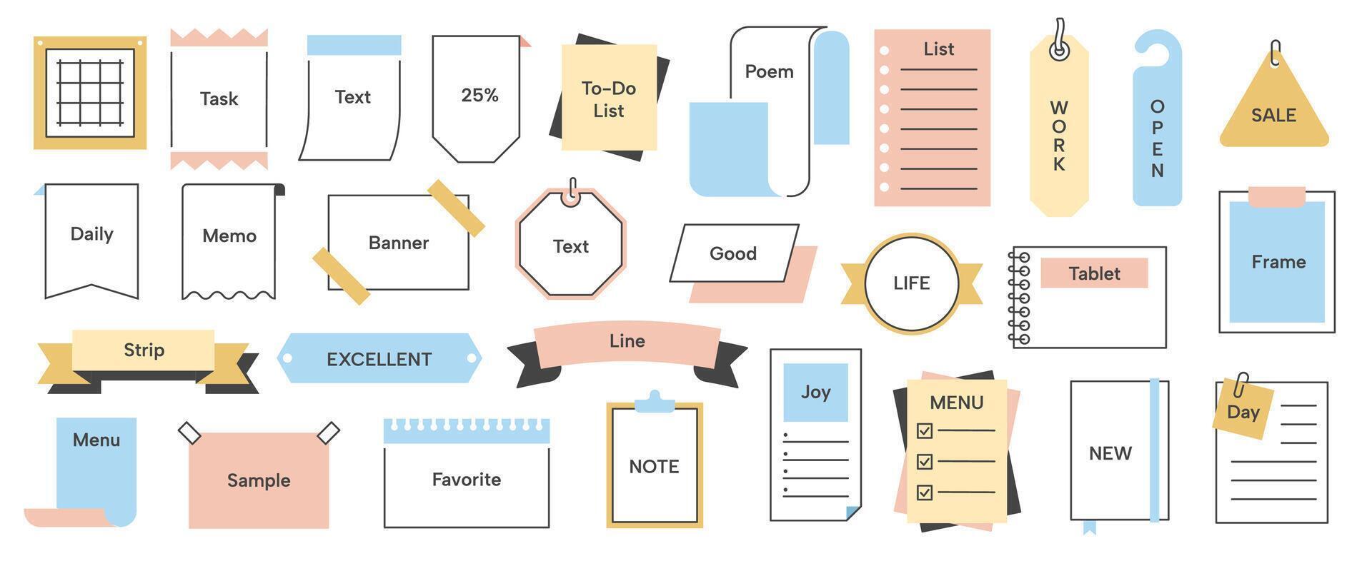 Simple memo. Paper note frame pages with titles, cute sticky notes paper with lined and crossed borders for writing. note page sticker set vector
